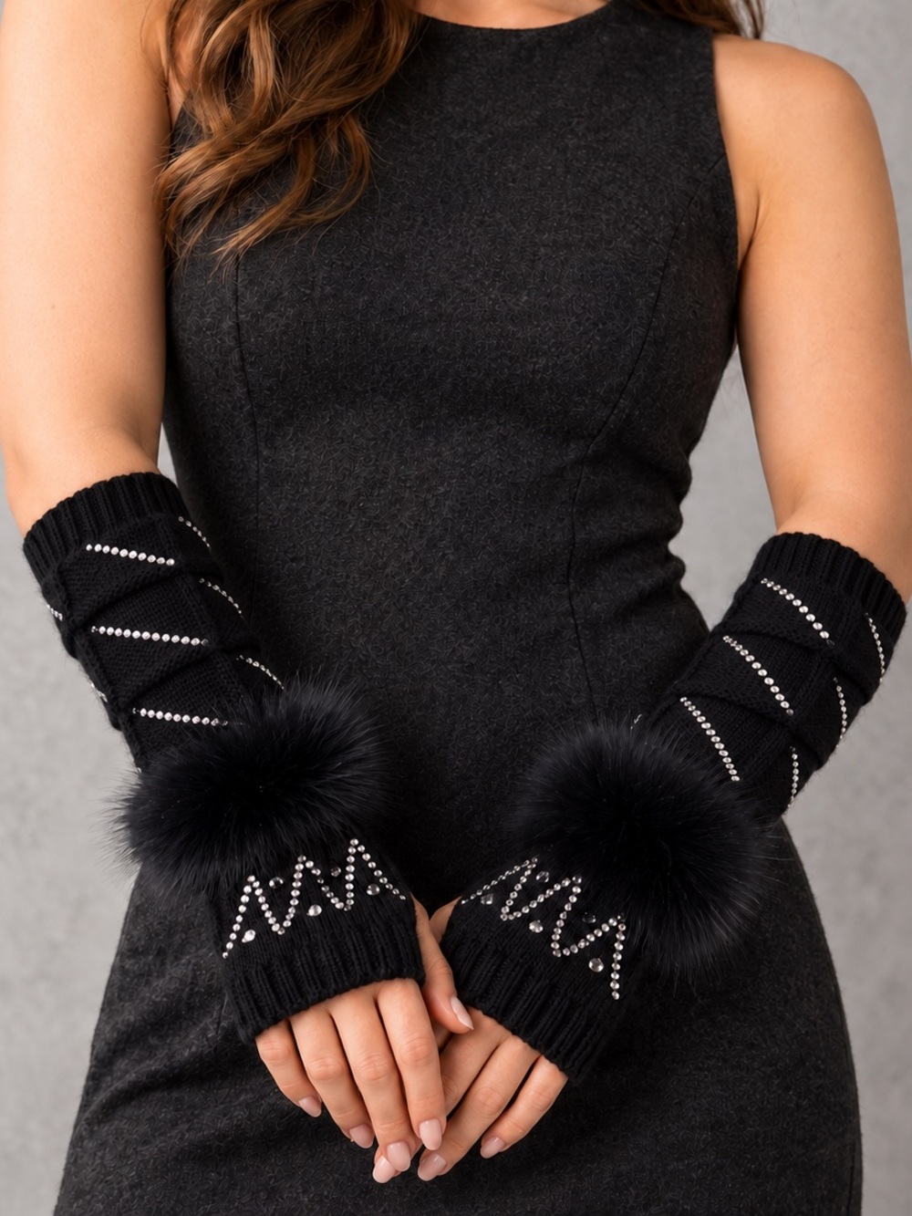Black Rabbit Fur Rhinestone Long Fingerless Gloves Arm Warmers